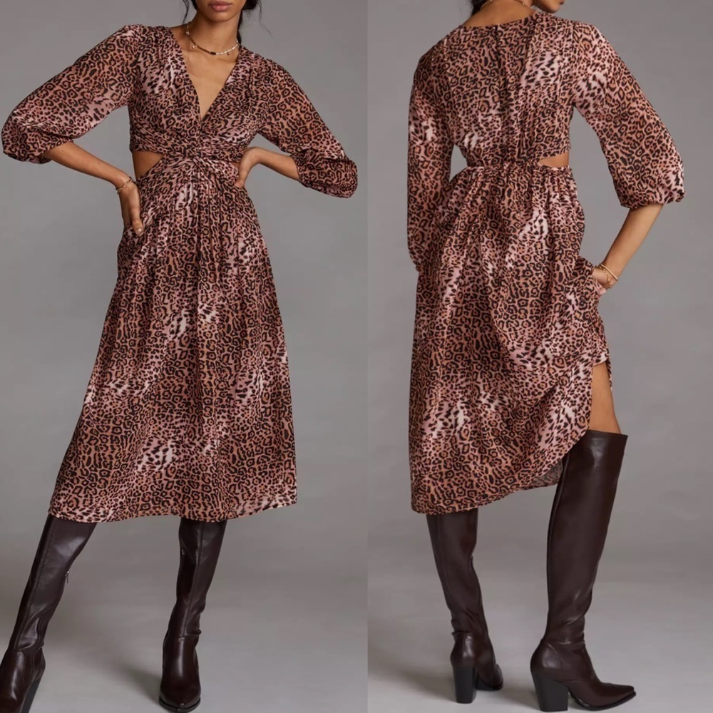 Anthropologie Ranna Gill Leopard Cut-Out Midi Dress